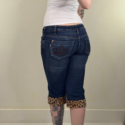 Y2K vintage capri jeans denim low rise cropped crown embroidery leopard print