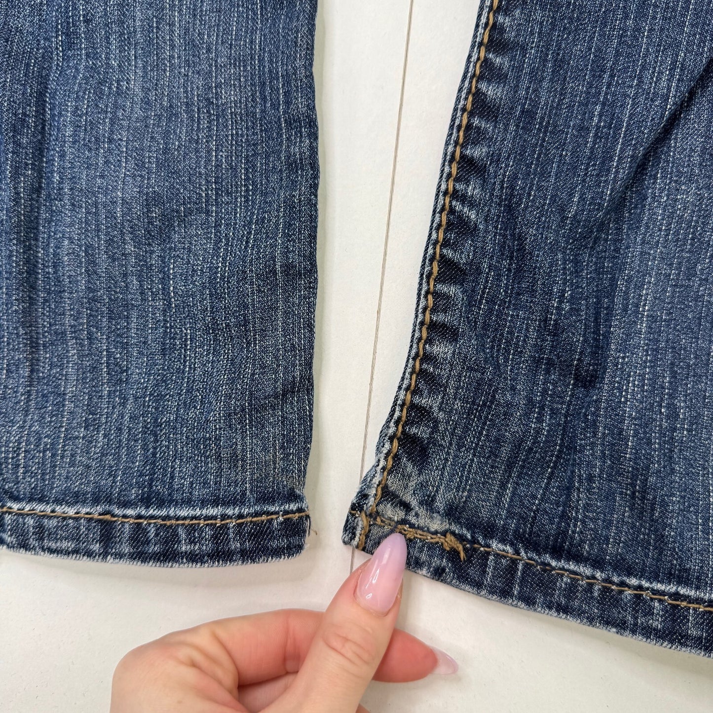 Y2K vintage low rise bootcut denim jeans mid blue faded wash studded distressed