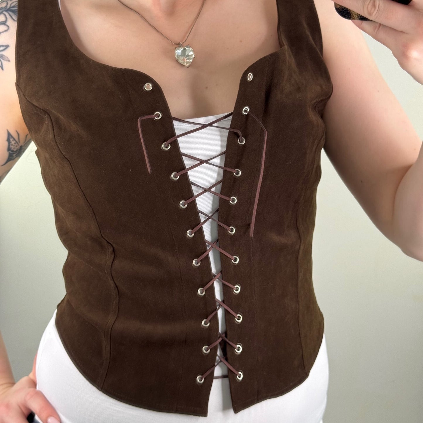 Y2K vintage lace up top velvet bustier style deep back eyelet brown boho stretch