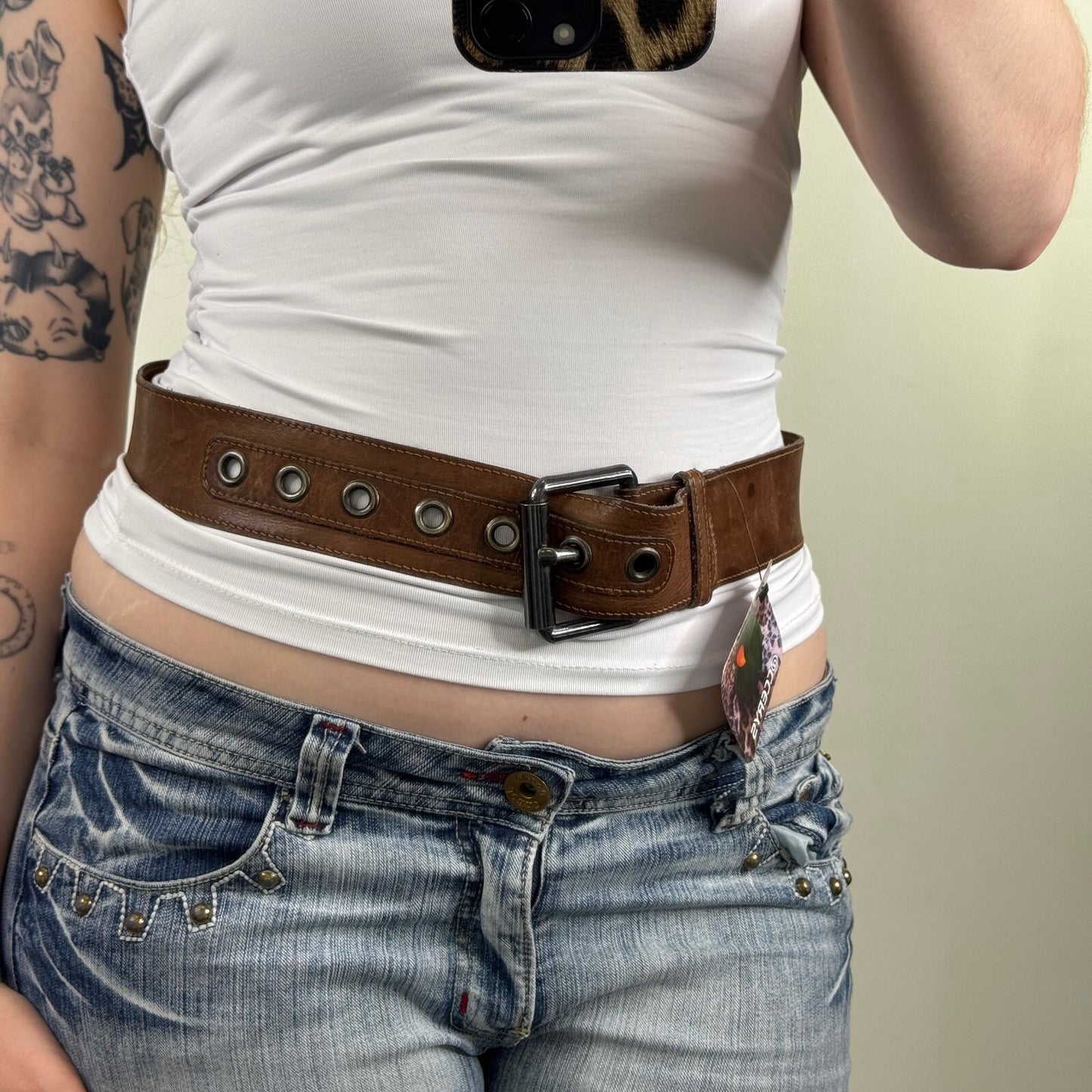 Y2K vintage real belt leather grommet square buckle brown
