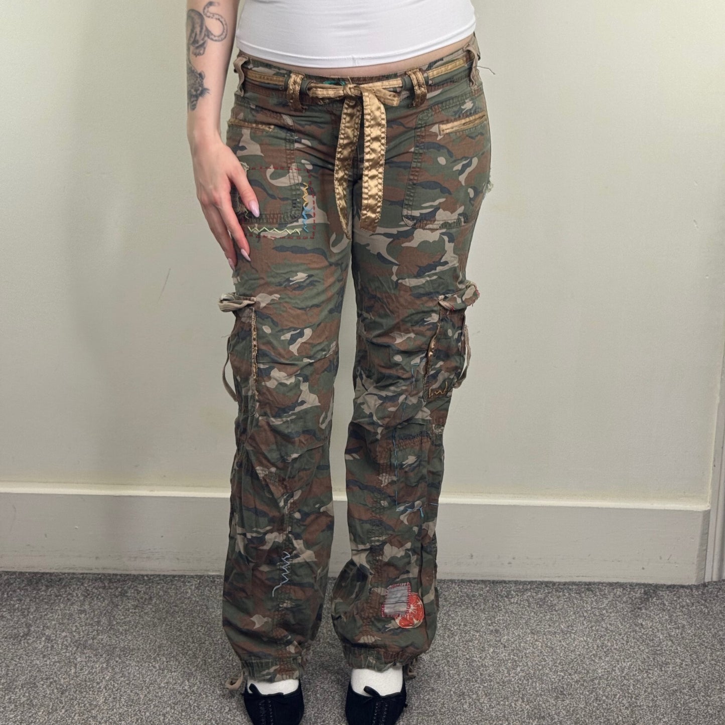 Y2K vintage Punkyfish cargo trousers baggy embroidered low rise camo patchwork