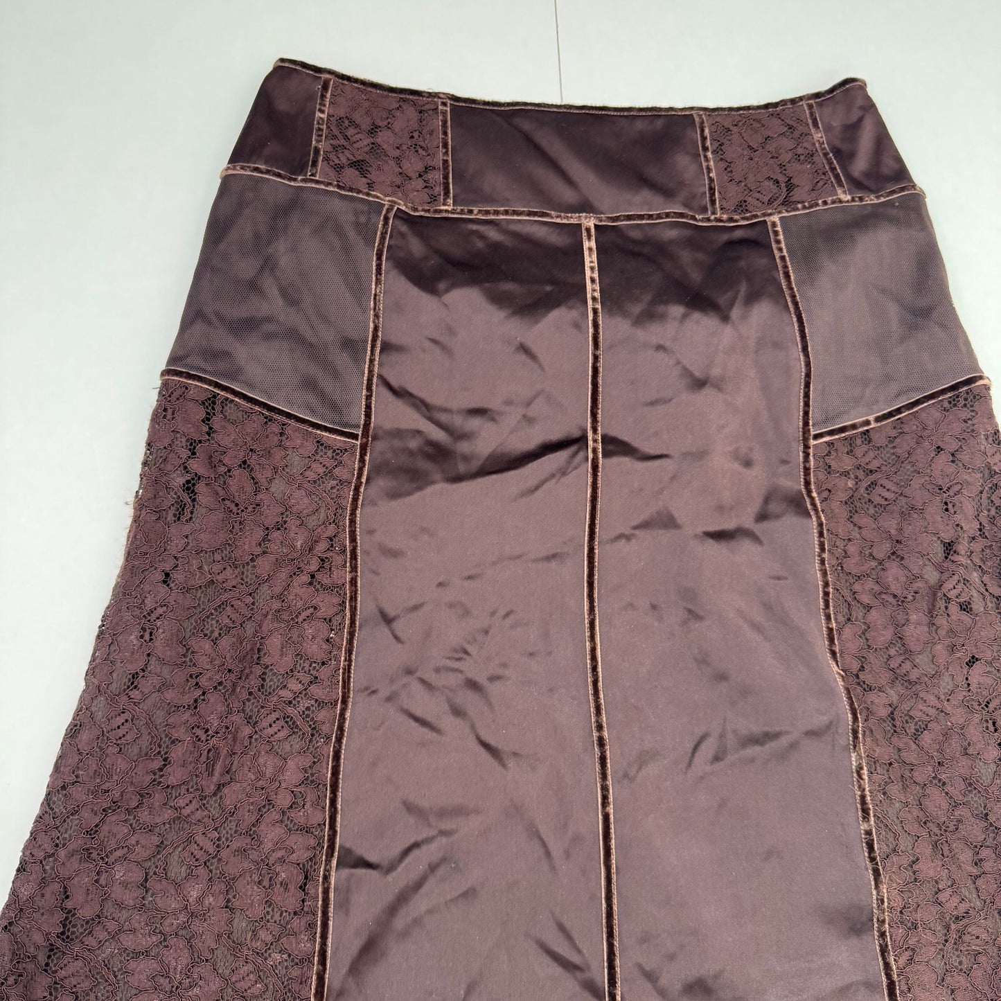 Y2K vintage Karen Millen midi skirt satin lace fairy boho mesh trim brown