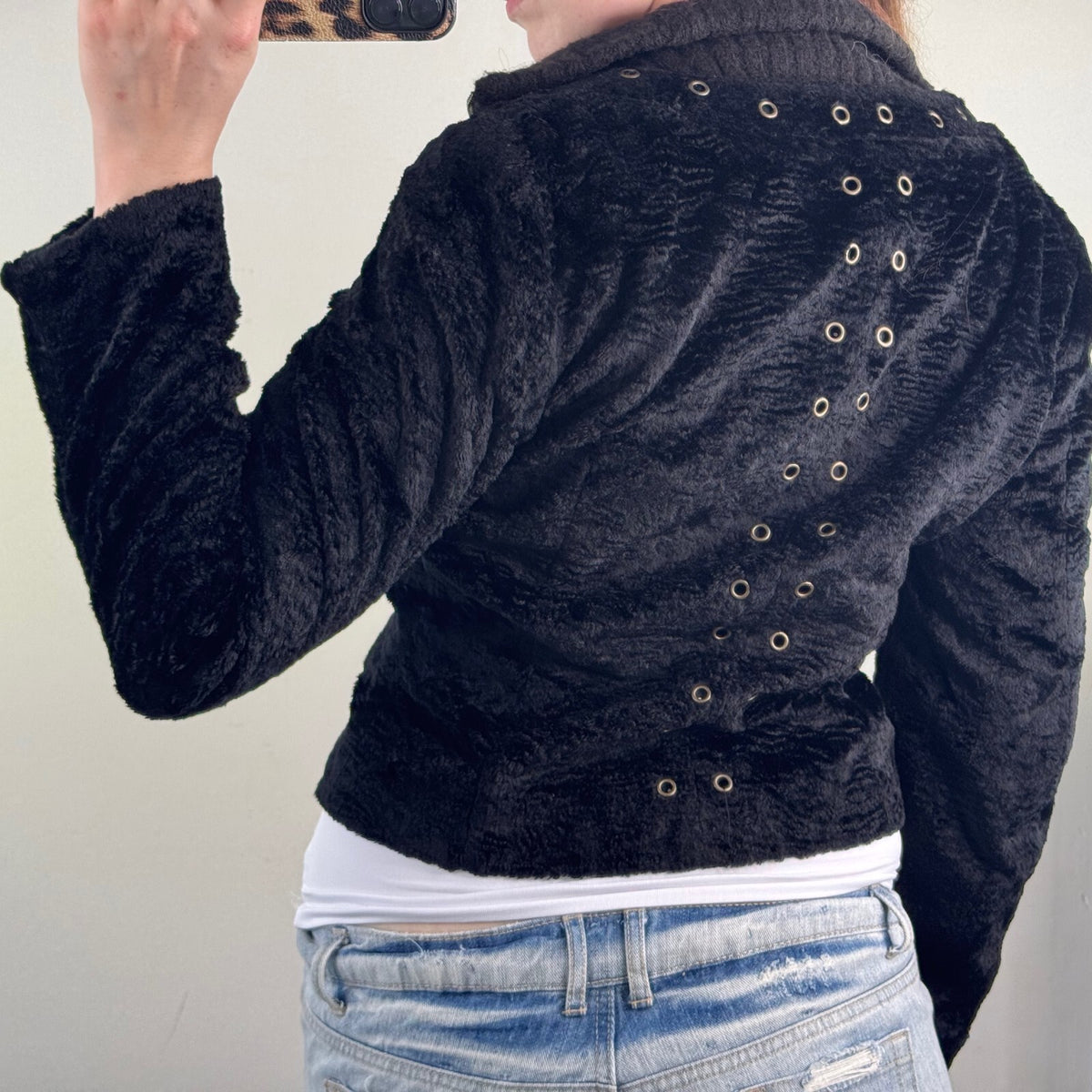 Y2K vintage bomber jacket zip up short grommet high neck knit faux fur archive