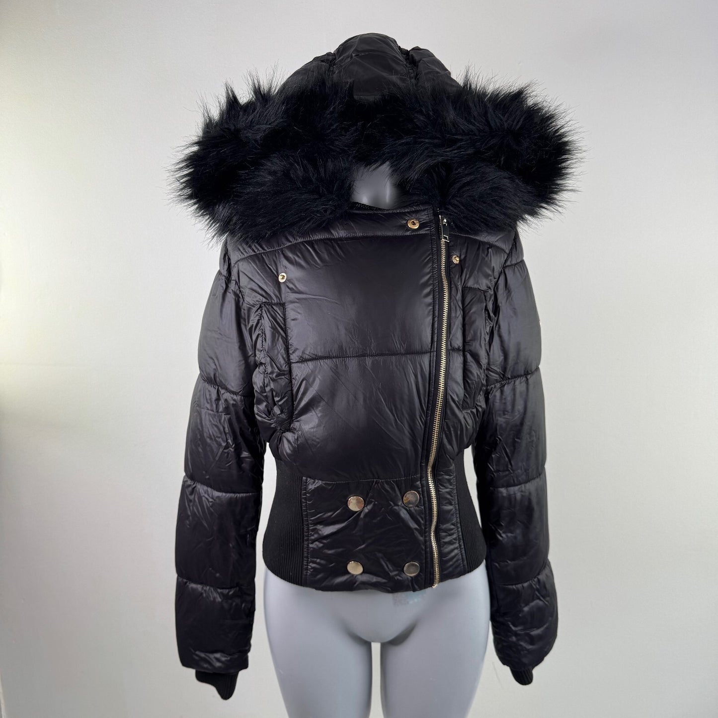 Vintage asymmetrical zip up bomber jacket faux fur trim mcbling cinch fitted