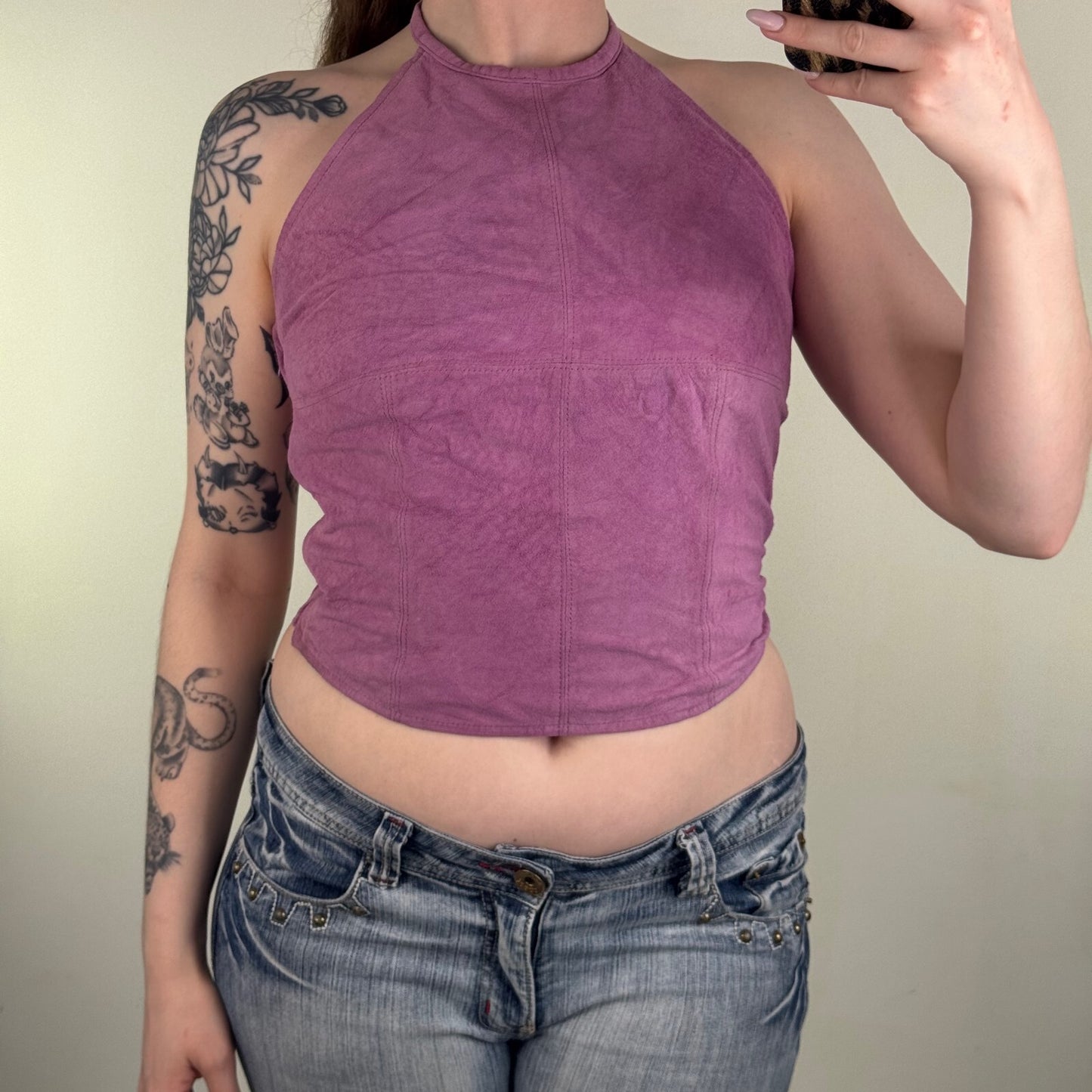 Y2K vintage suede top halter high neck purple crop tie bow festival summer