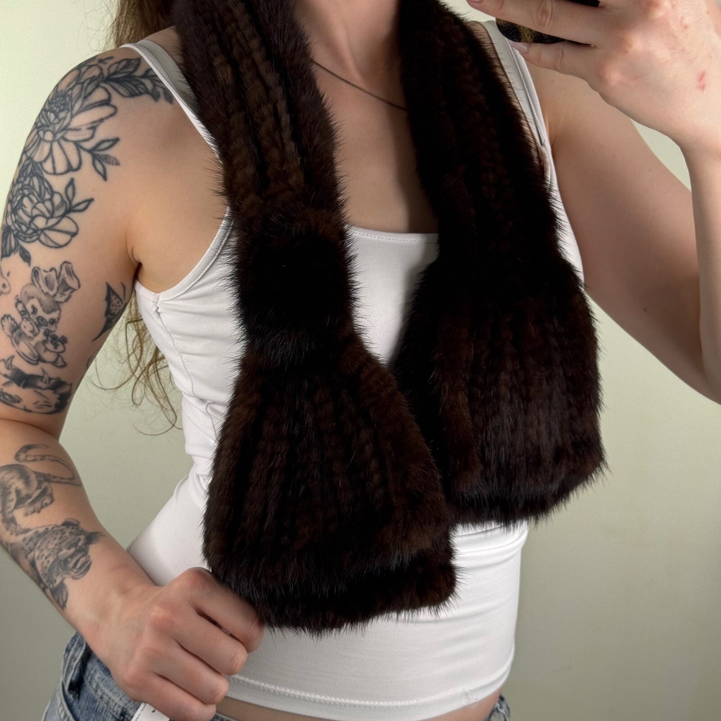 Vintage genuine mink fur scarf dark brown short length