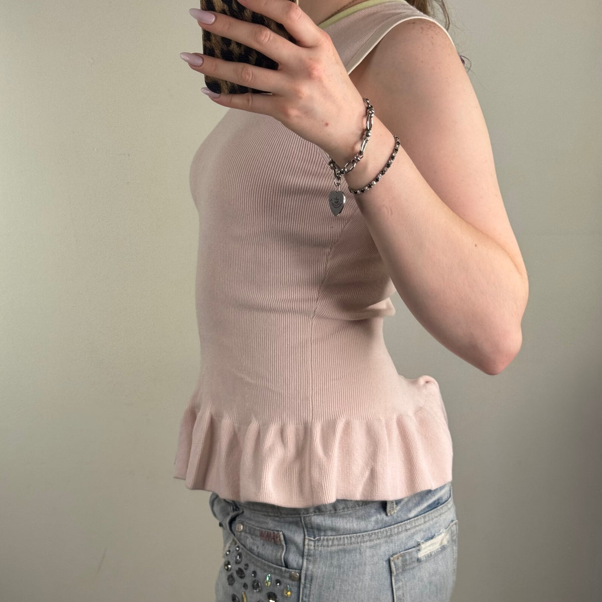 Y2K vintage Ted Baker peplum top ribbed fitted frilly ruffle sleeveless