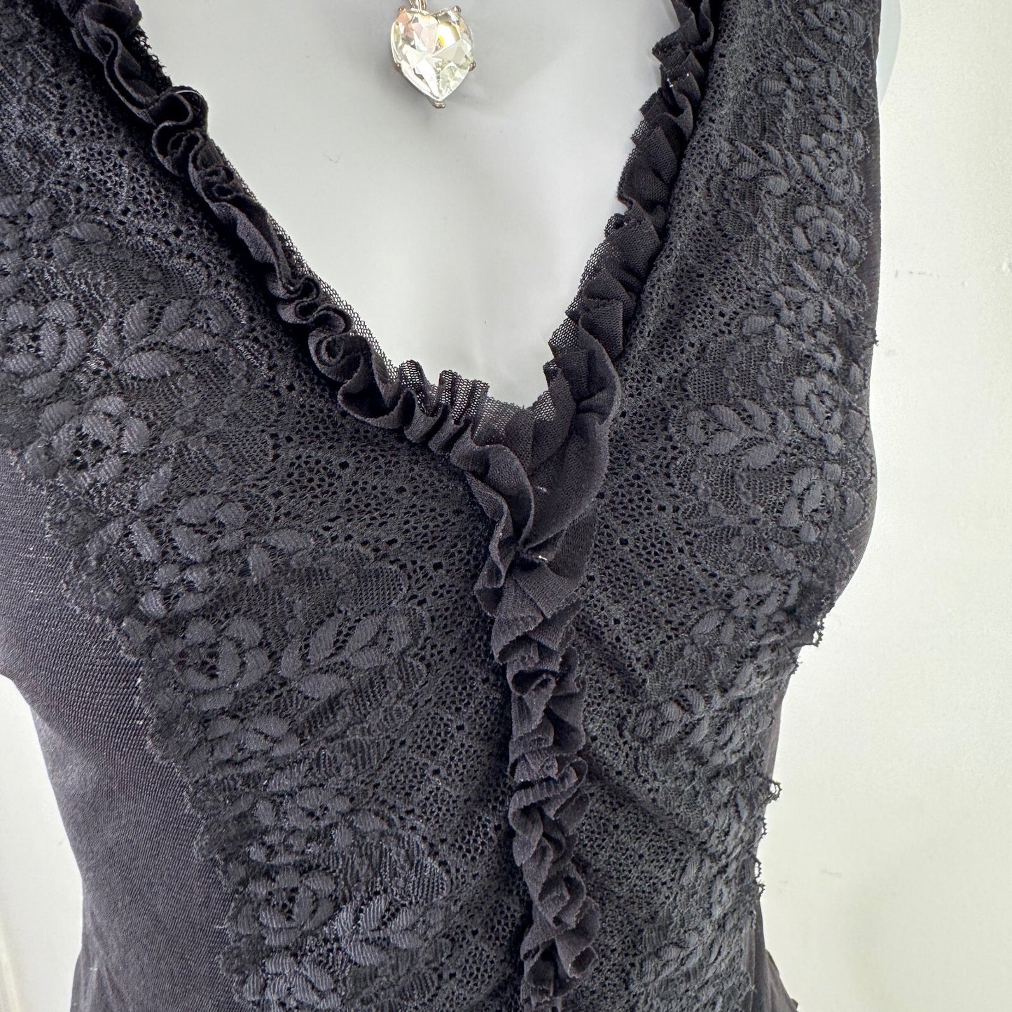 Y2K vintage tank top mesh lace stretchy ruffle double layer v neck