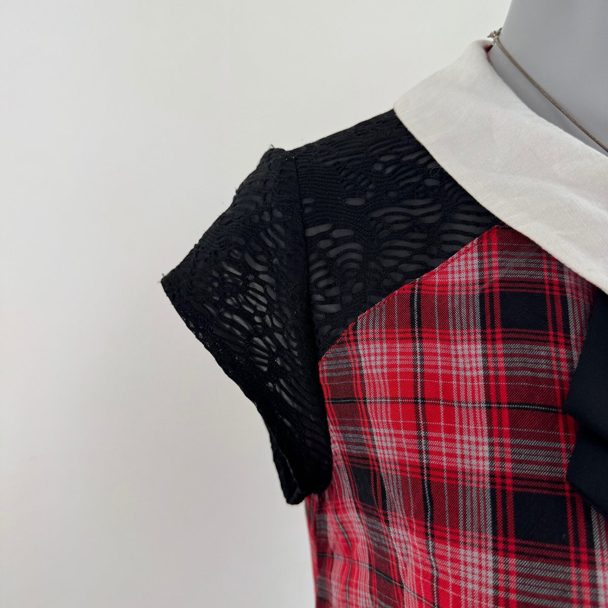 Y2K vintage tartan mini dress bow a line collar short sleeve sheer plaid print