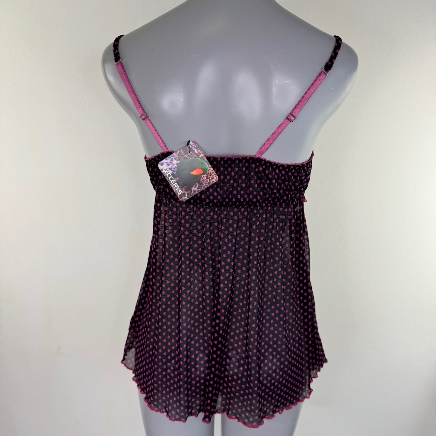 Y2K vintage mesh babydoll cami top hearts bow ruched bust sheer
