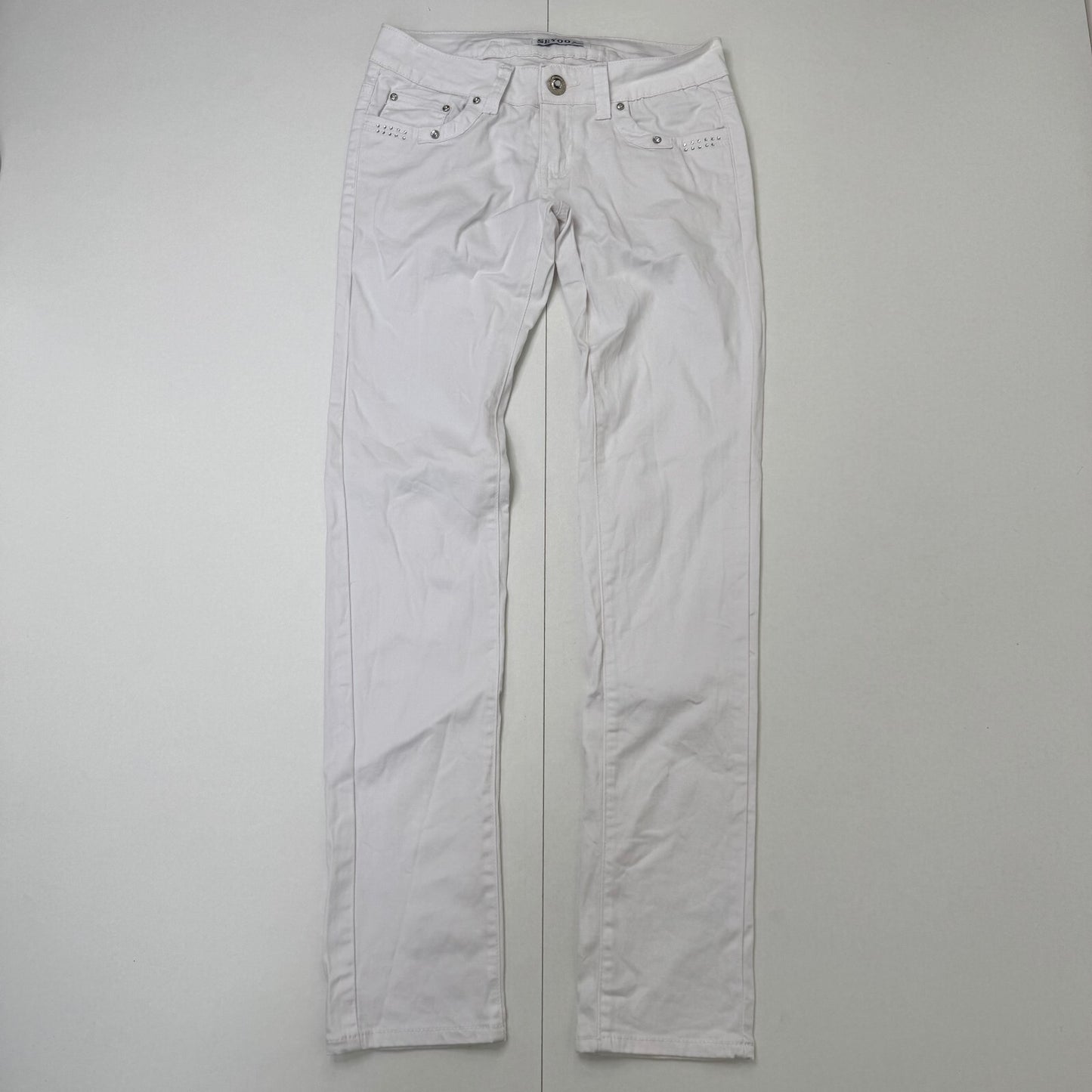 Y2K vintage low rise denim jeans straight leg rhinestone buckle stretchy