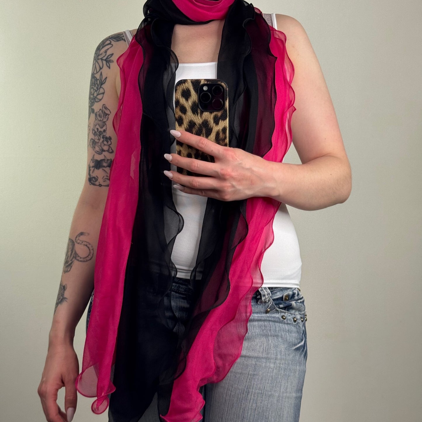 Y2K vintage Per Una scarf pink black two tone sheer lettuce hem long