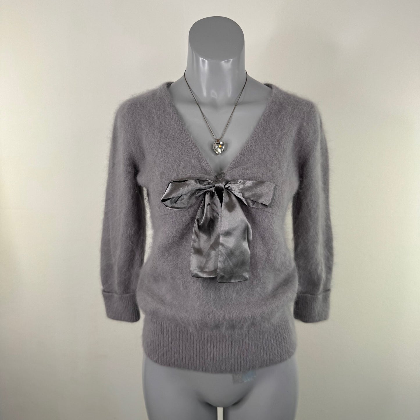 Y2K vintage angora blend jumper 3/4 sleeve knit v neck big bow grey coquette