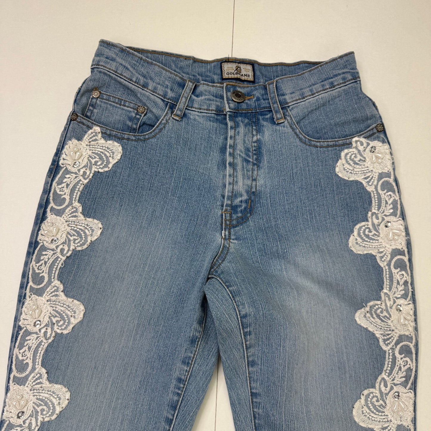Y2K vintage bootcut denim jeans lace trim detail coquette beaded mid rise