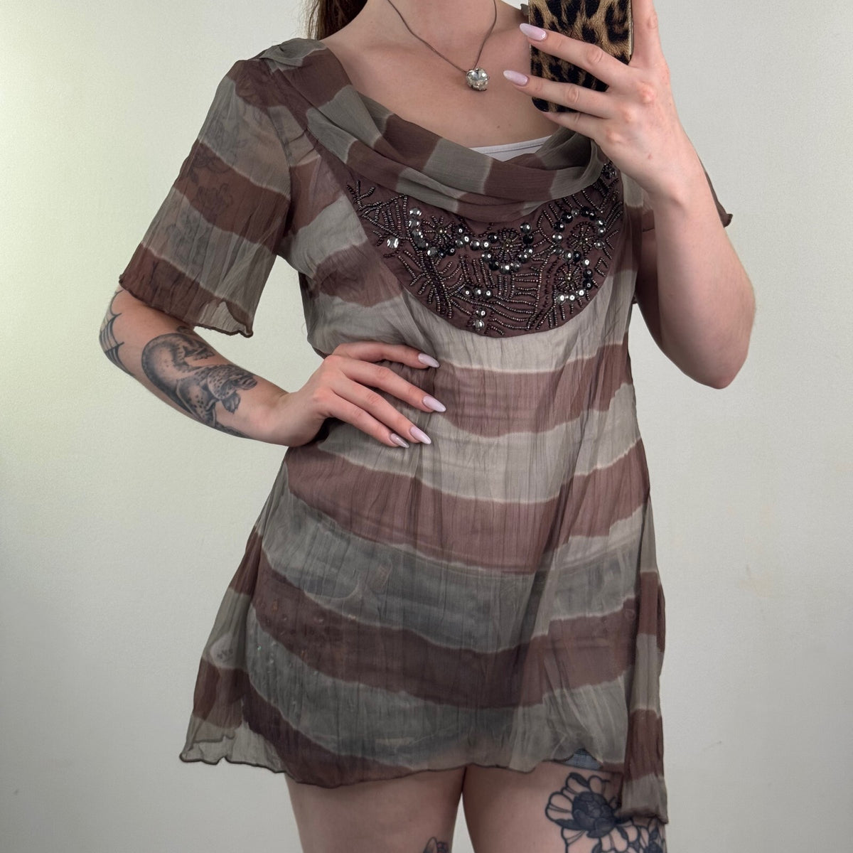 Y2K vintage blouse stripe boho cowl neck embellished sheer short sleeve
