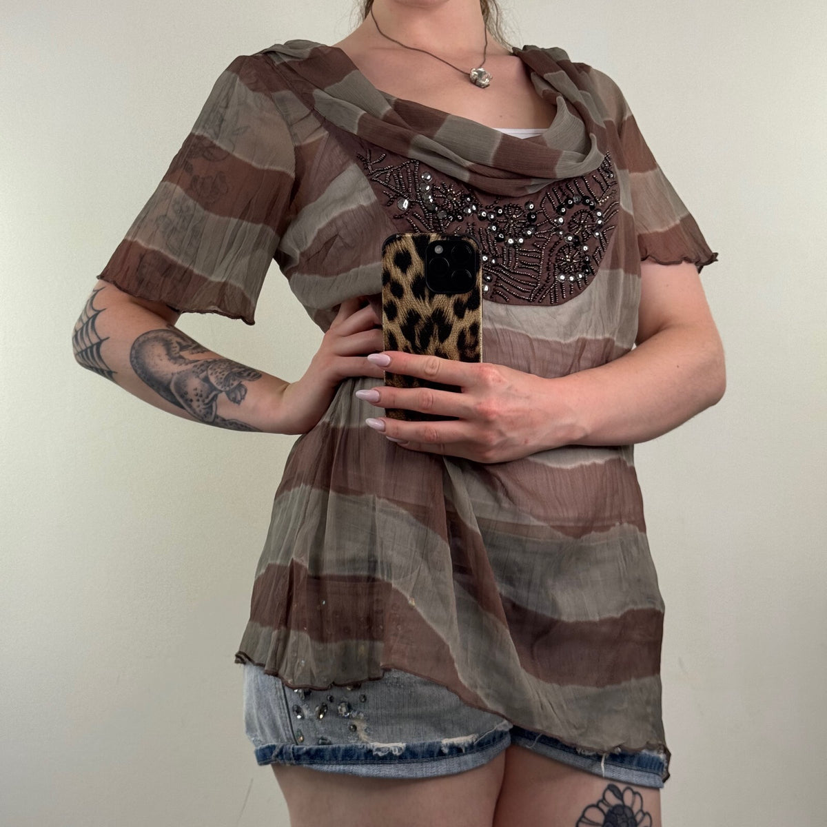 Y2K vintage blouse stripe boho cowl neck embellished sheer short sleeve