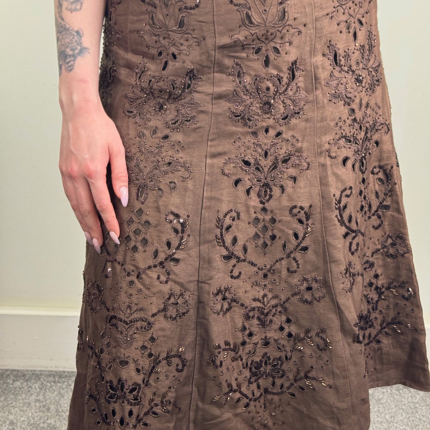 Y2K vintage midi skirt linen silk blend a line beaded floral embroidered sequin