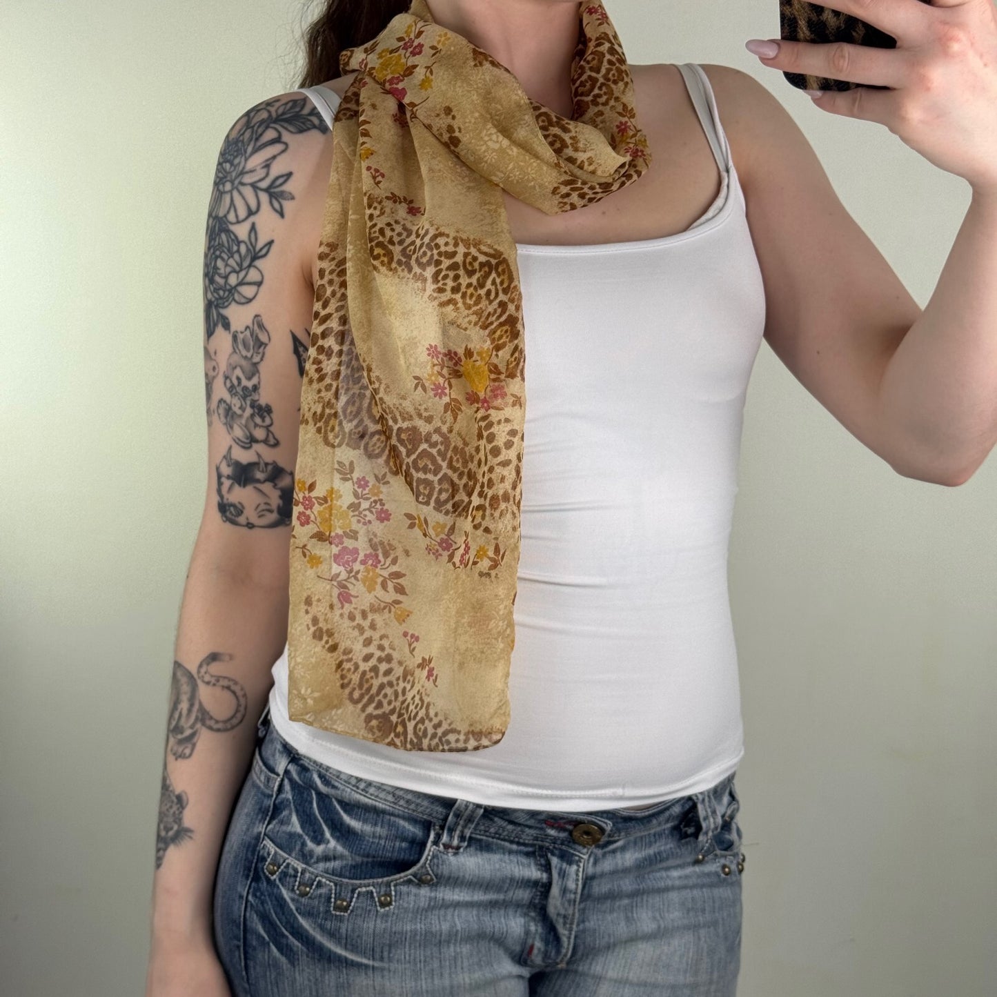 Y2K vintage scarf leopard print floral scarf beige