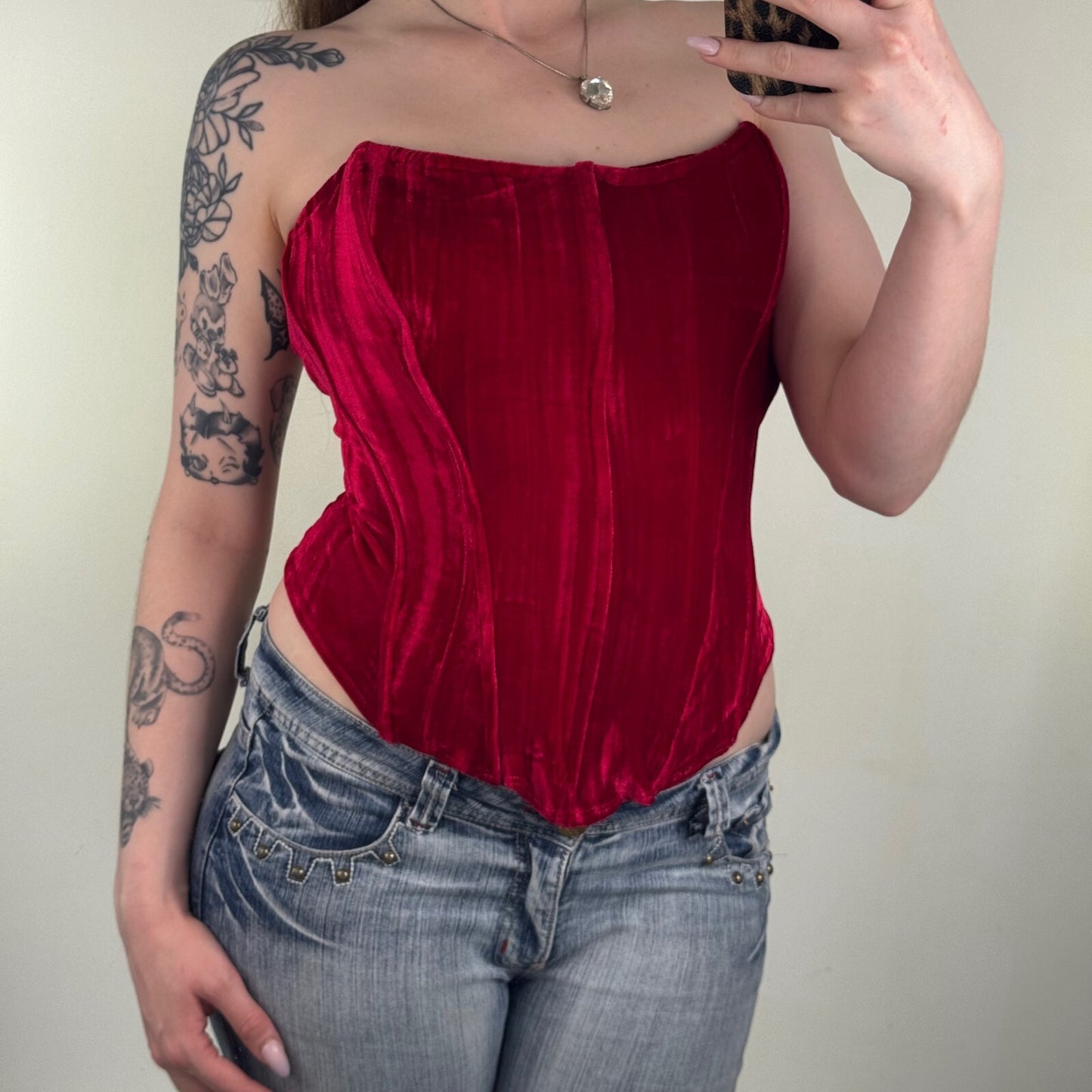 Y2K vintage bustier top boned velvet lace up structured red strapless v shape