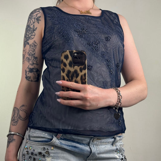 Y2K vintage tank top mesh beaded embellished navy floral paisley sleeveless