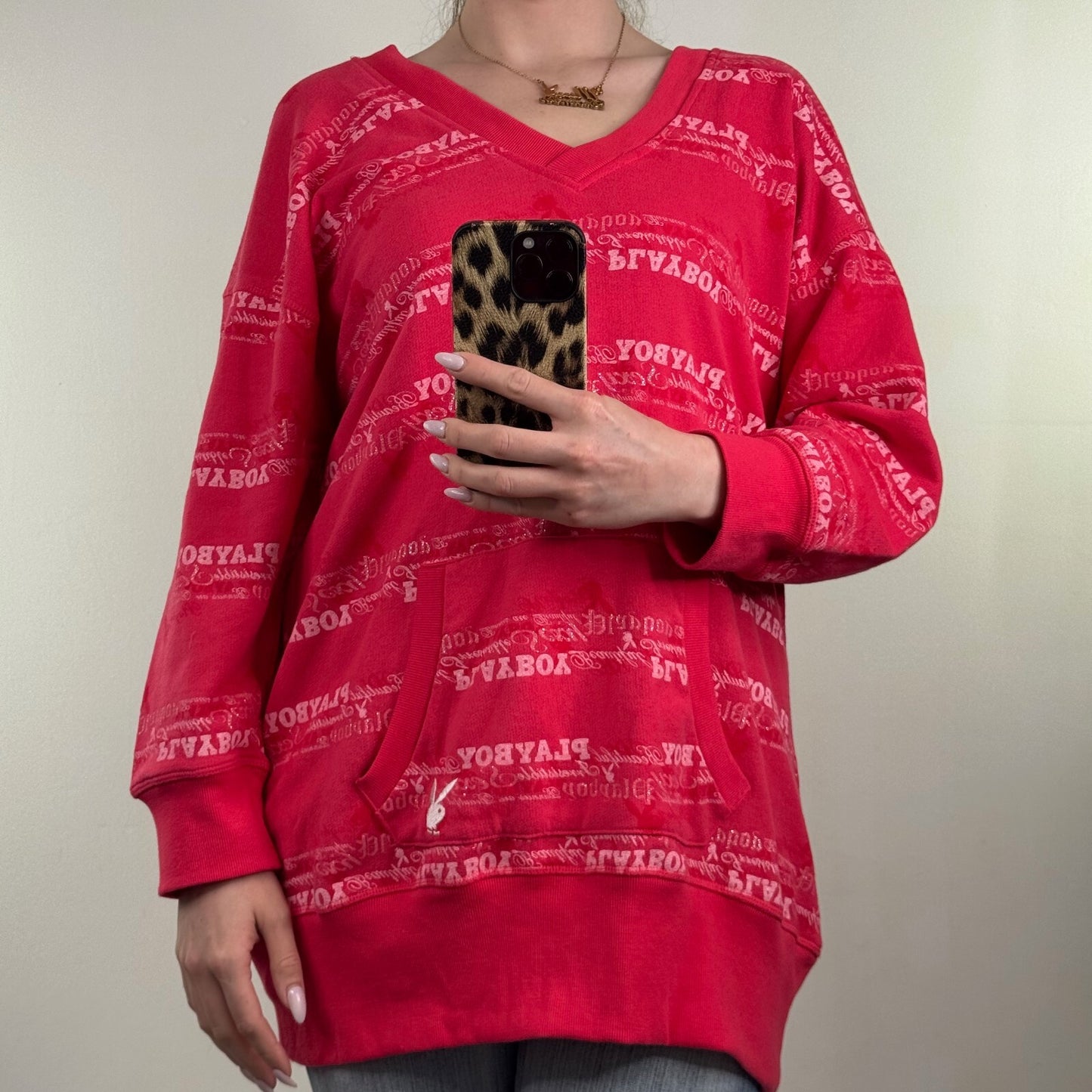 Y2K vintage Playboy hoodie v neck sparkly text 3/4 length sleeve