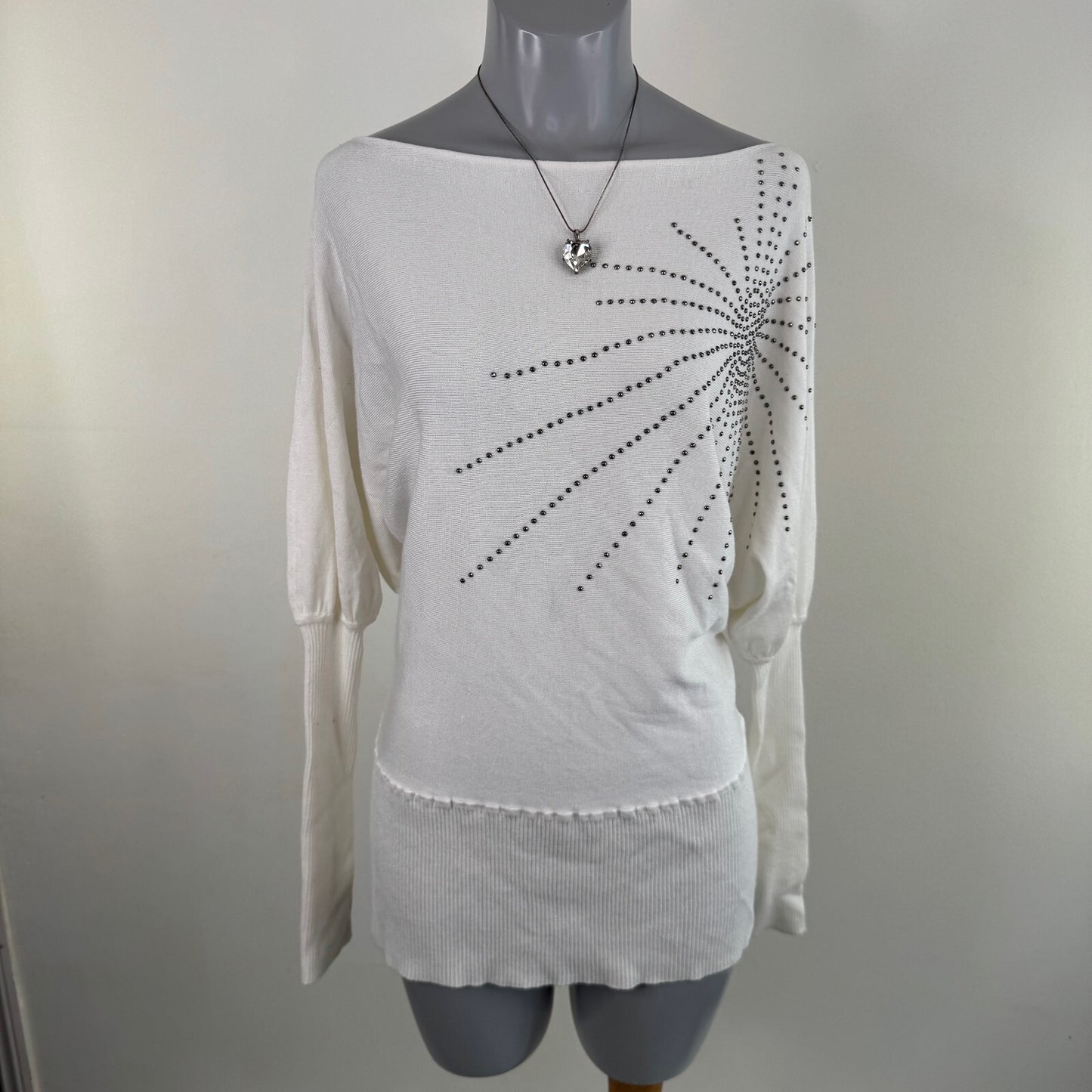 Y2K vintage long sleeve top batwing studded pattern ribbed boat neck slouchy