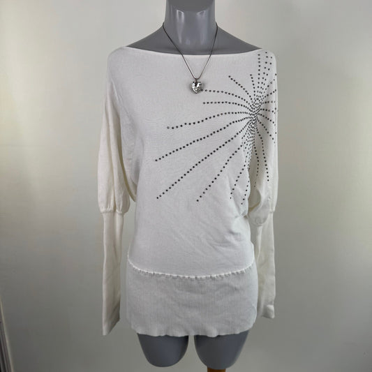Y2K vintage long sleeve top batwing studded pattern ribbed boat neck slouchy