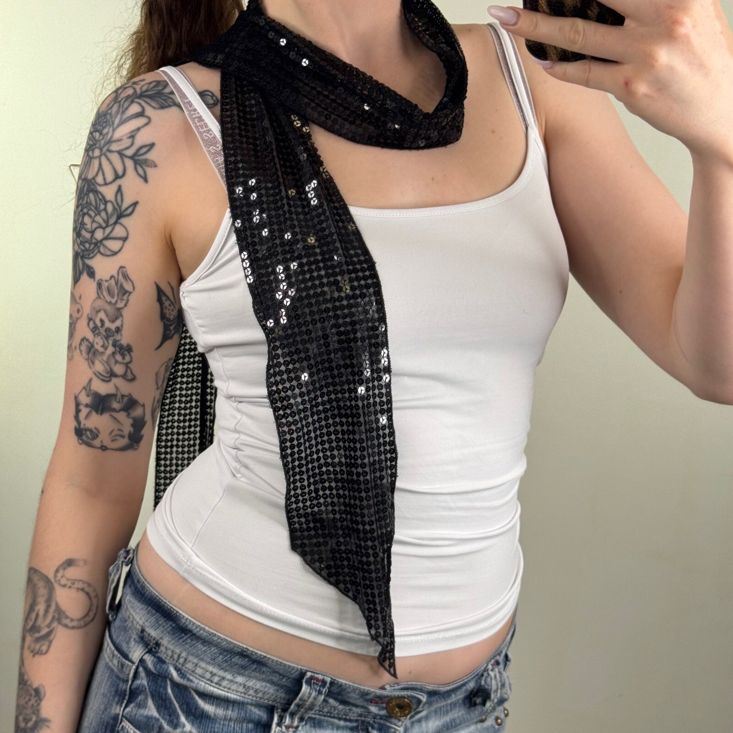 Y2K vintage scarf sequin embellished sheer mesh skinny thin black