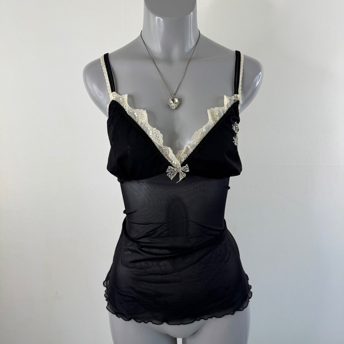 Y2K vintage cami top mesh snowflake sequin lace trim bow sheer winter christmas