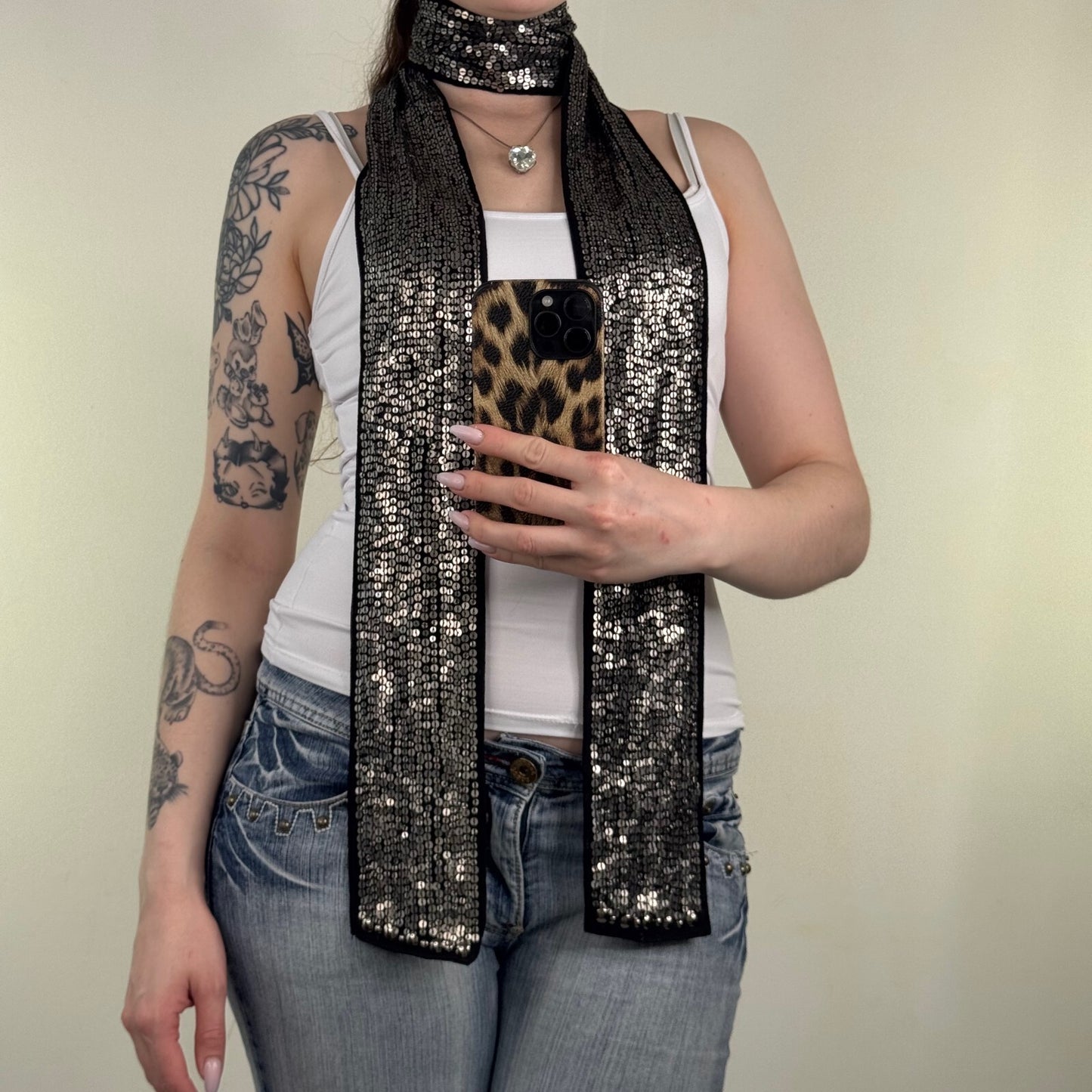 Y2K vintage scarf sequin black silver shiny thin skinny