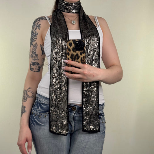 Y2K vintage scarf sequin black silver shiny thin skinny