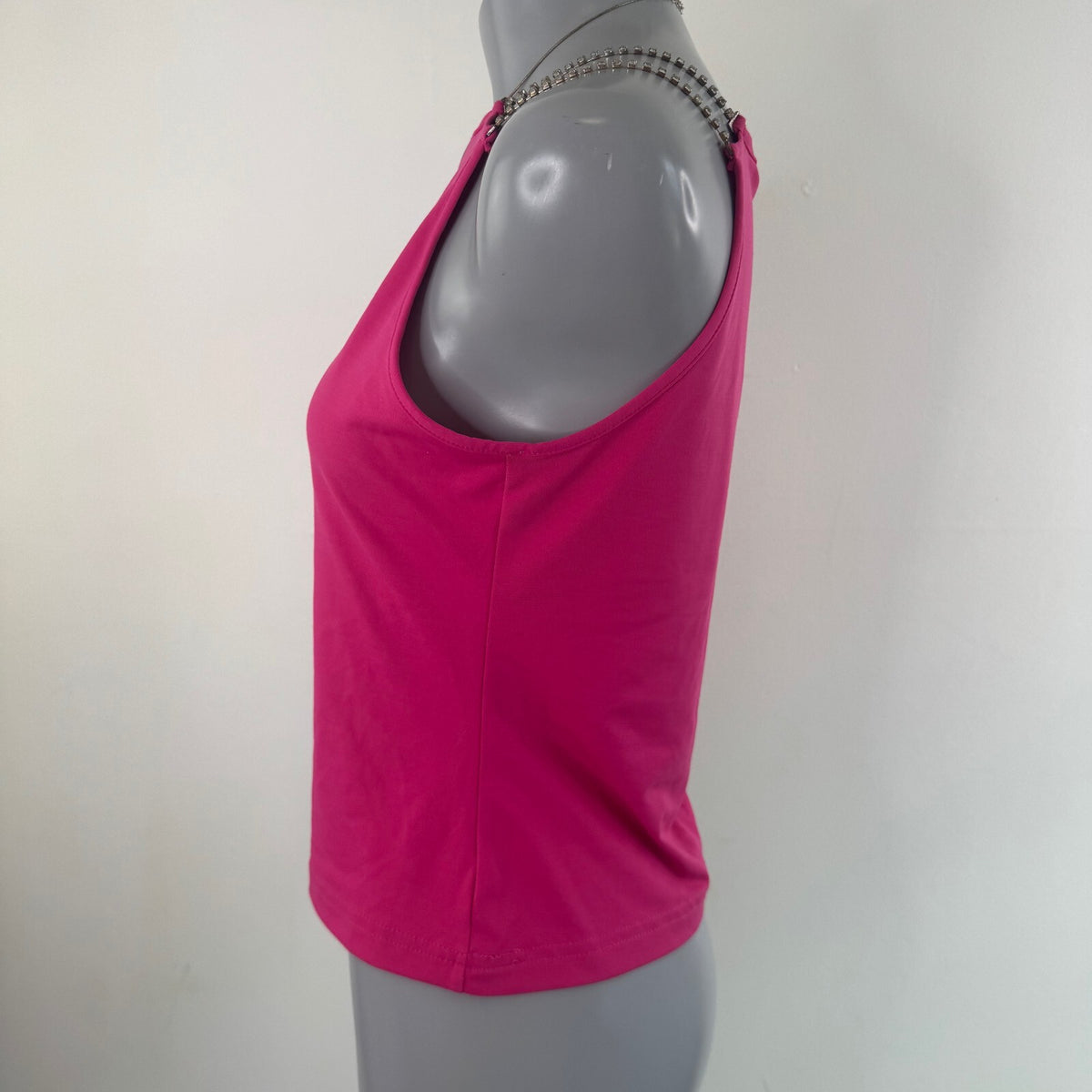 Y2K vintage tank top slinky rhinestone high neck fitted hot pink