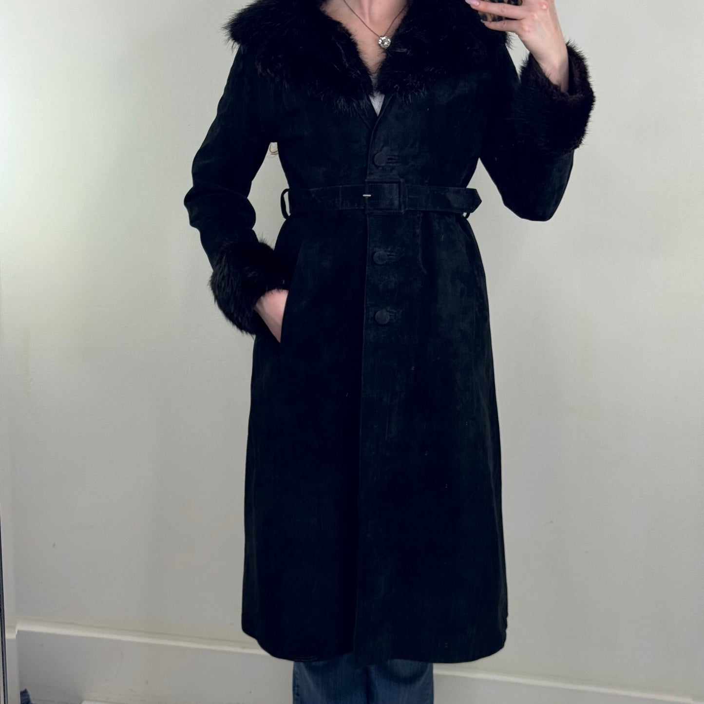 Vintage genuine fur / suede trench coat with belt button up lined classic midi