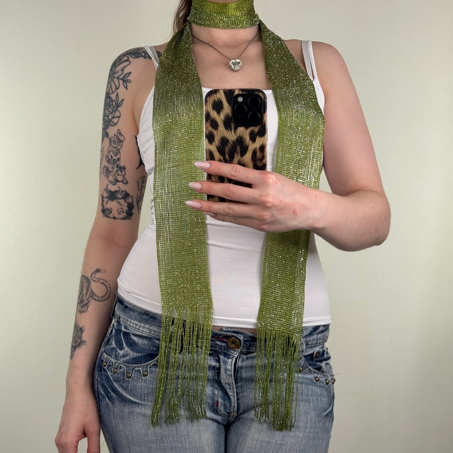 Y2K vintage scarf skinny thin sparkly glitter fringe green sheer knit