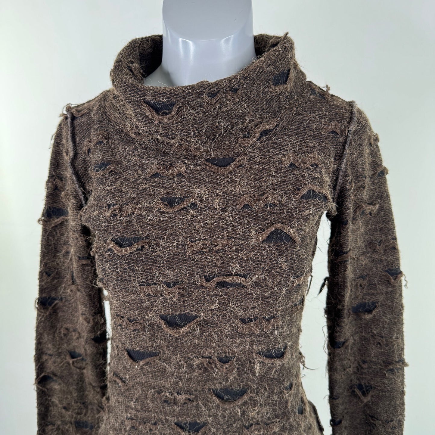 Y2K vintage wool blend jumper asymmetrical roll neck flare sleeve distressed