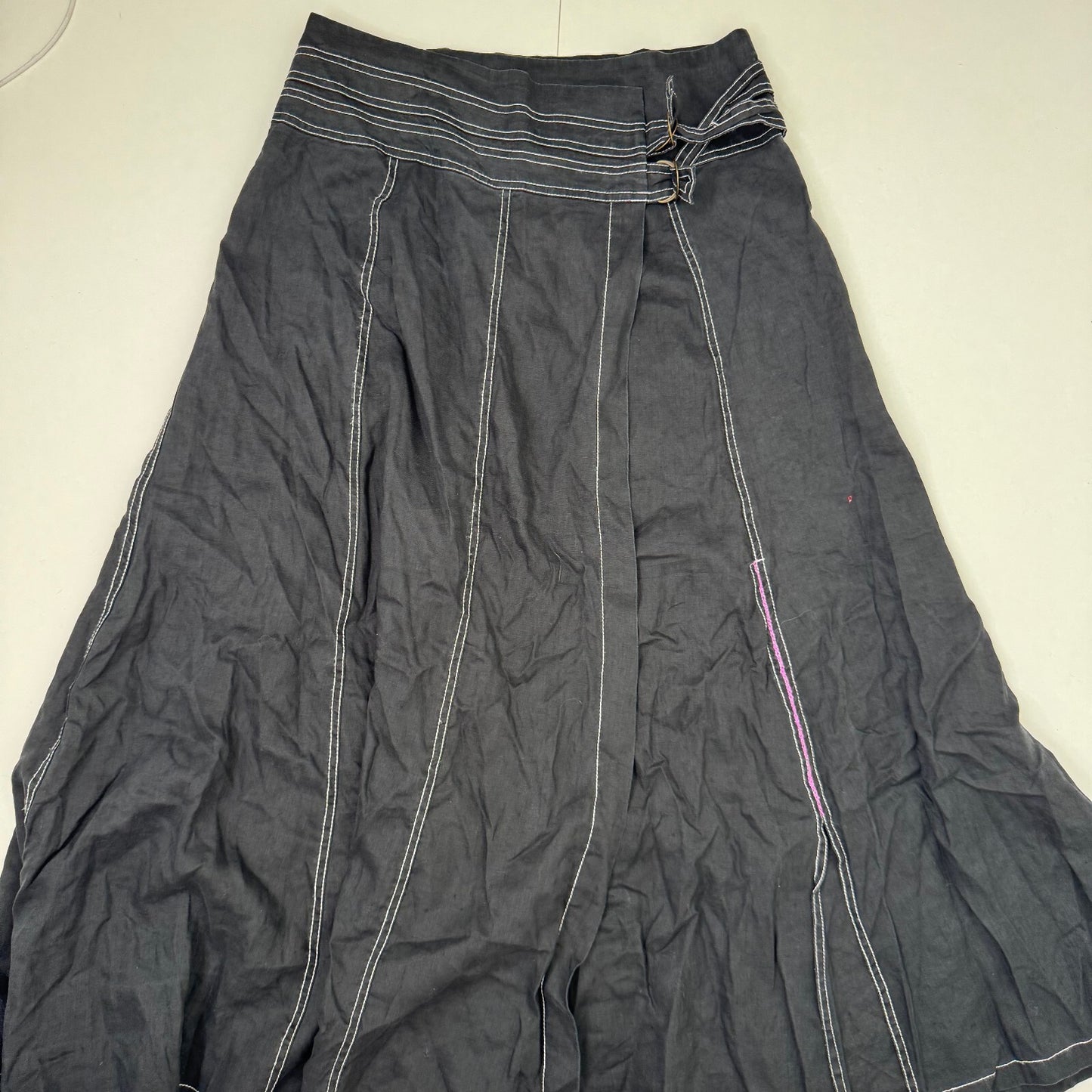 Y2K vintage 100% linen maxi skirt a line archive contrast stitch buckle