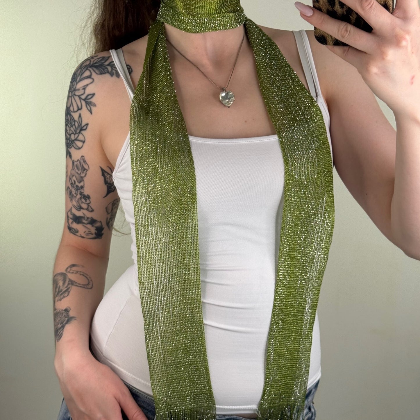 Y2K vintage scarf skinny thin sparkly glitter fringe green sheer knit