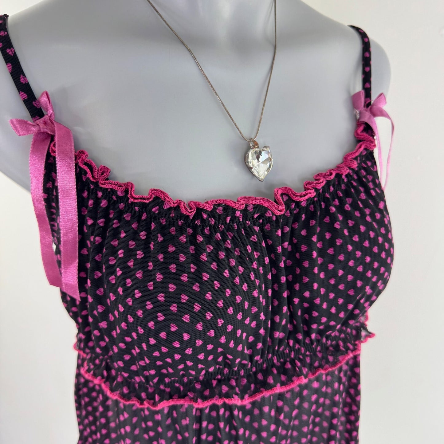Y2K vintage mesh babydoll cami top hearts bow ruched bust sheer