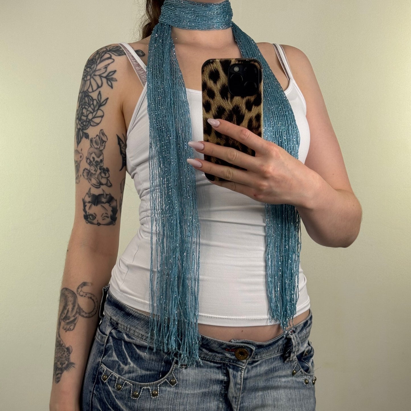 Y2K vintage scarf skinny thin sheer fine knit light blue fringe sparkly glitter