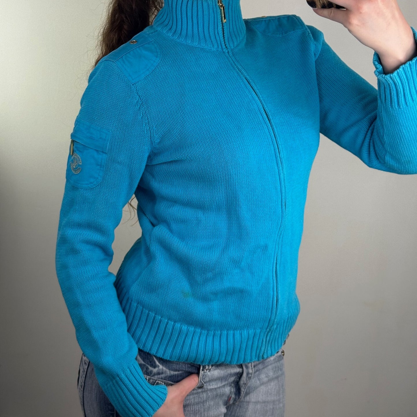 Y2K vintage Lauren Ralph Lauren zip up jumper knit cargo pocket high neck blue