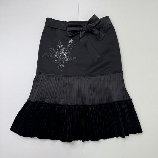 Y2K vintage midi skirt pleated satin bow layered pattern bow floral embroidered