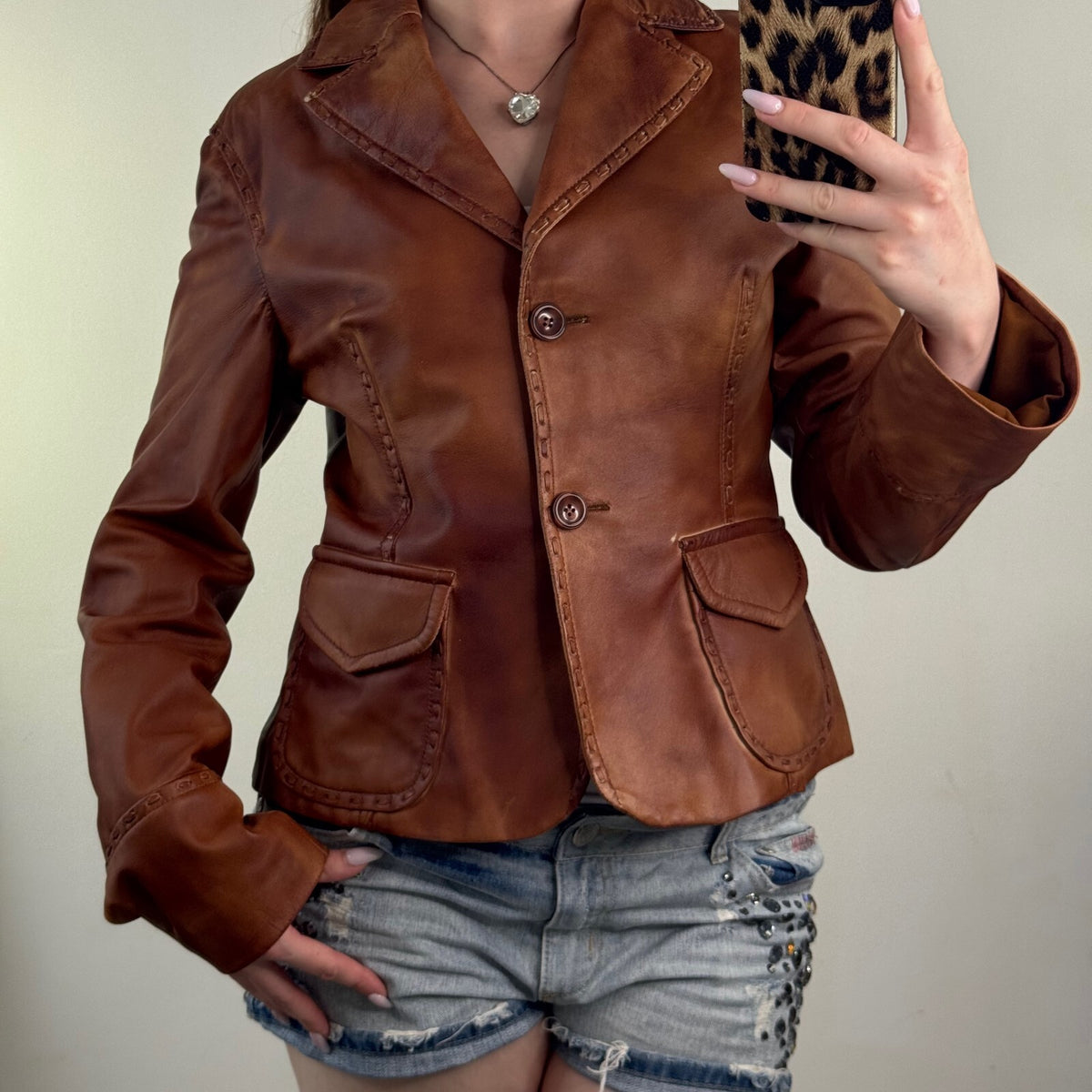 Y2K vintage genuine leather jacket button faded whipstitch burnished tan blazer