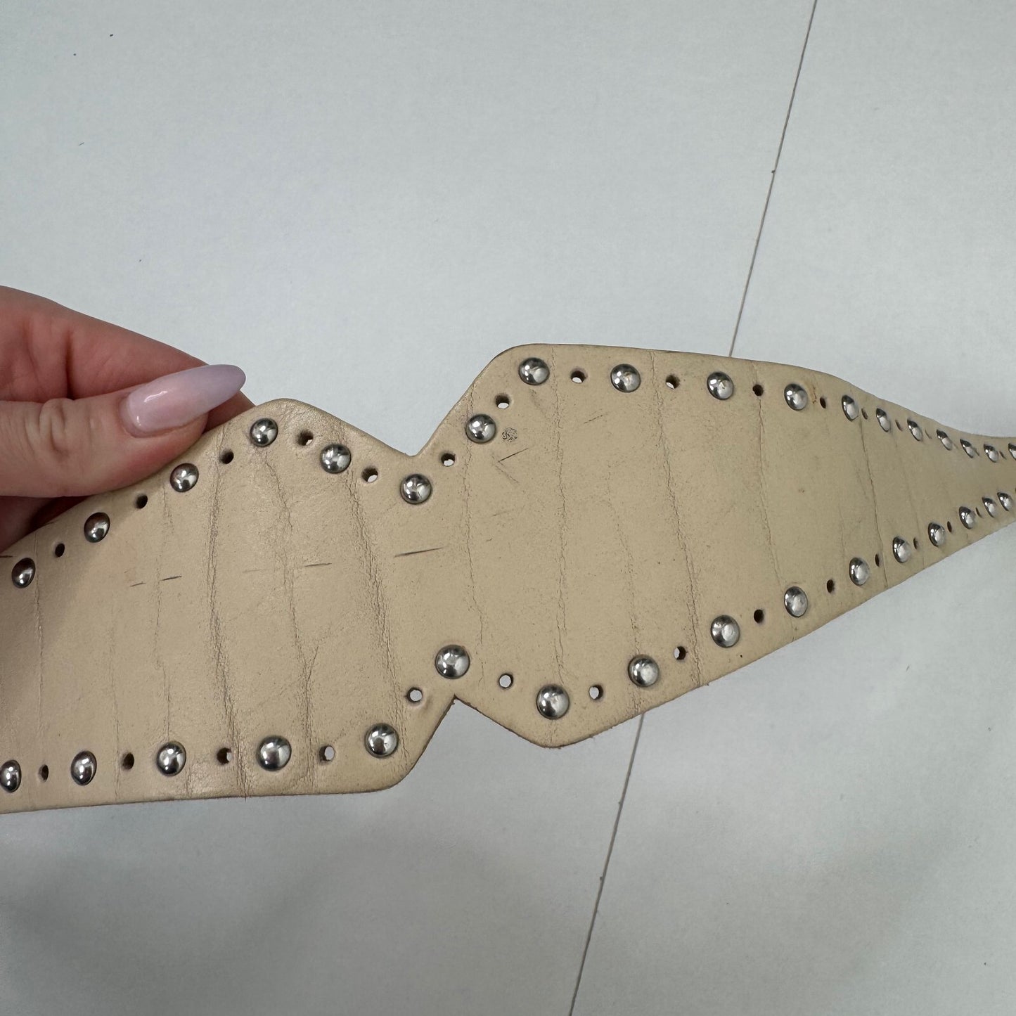 Vintage genuine leather belt studded western cream silver
