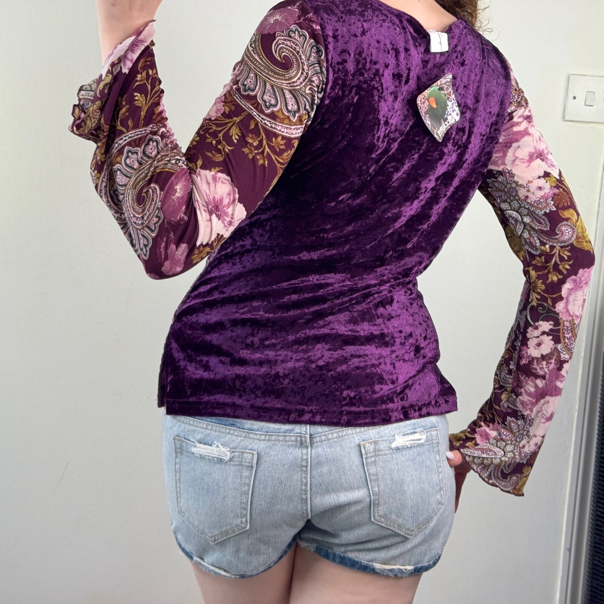 Y2K vintage flare sleeve top boho patchwork lace trim v neck velvet mesh paisley
