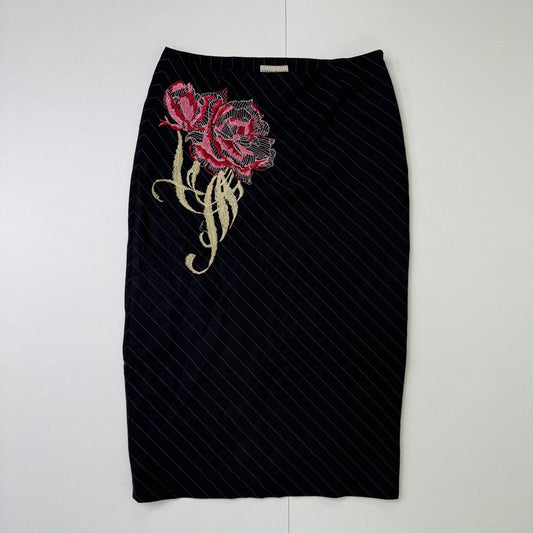 Y2K vintage Karen Millen midi skirt pinstripe floral embroidered virgin wool
