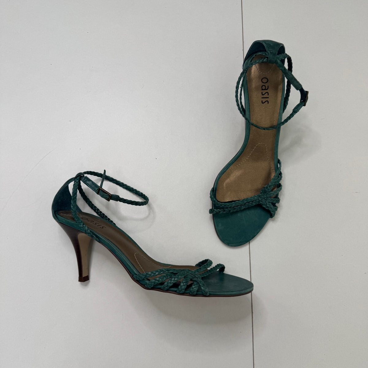 Y2K vintage genuine leather high heel strappy braided woven turquoise ankle