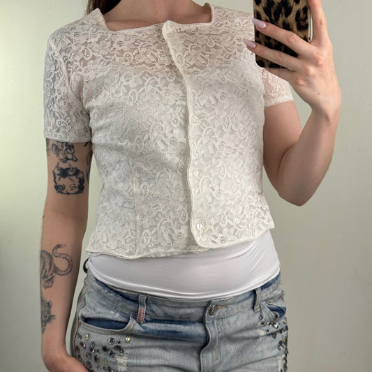 Y2K vintage blouse lace button up square neck crop short sleeve coquette