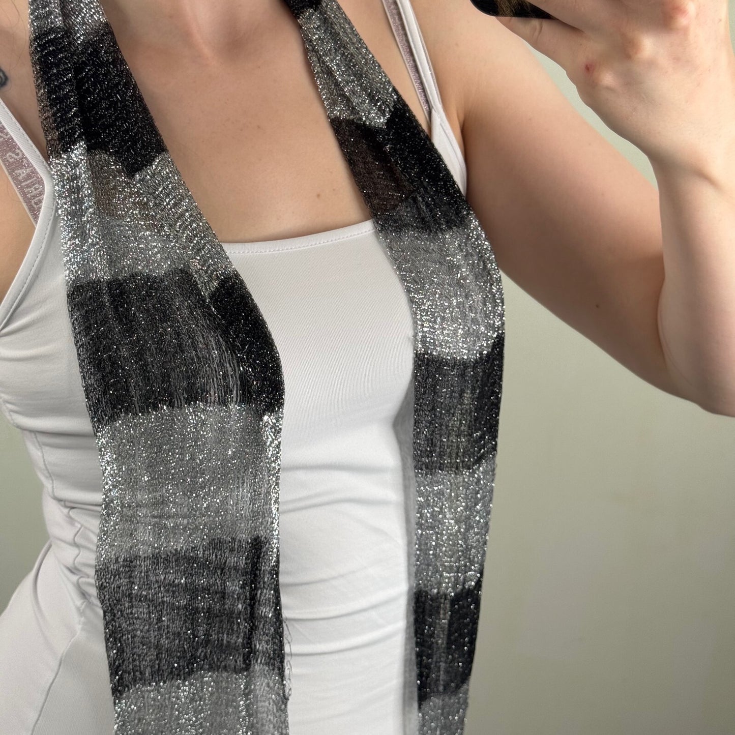Y2K vintage scarf grey black stripe sparkly skinny thin mesh glitter