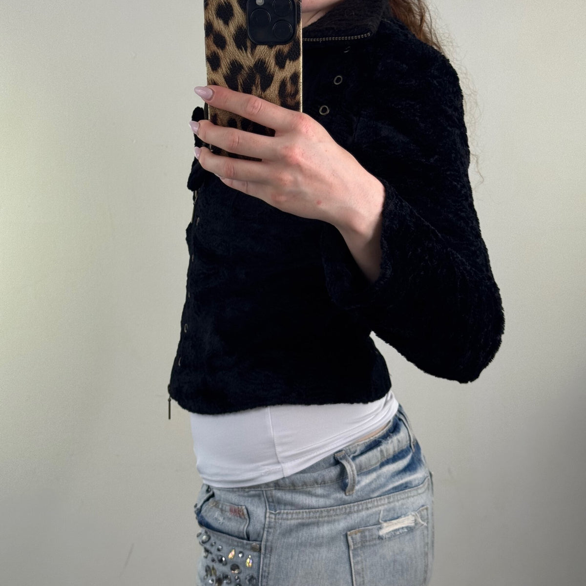 Y2K vintage bomber jacket zip up short grommet high neck knit faux fur archive