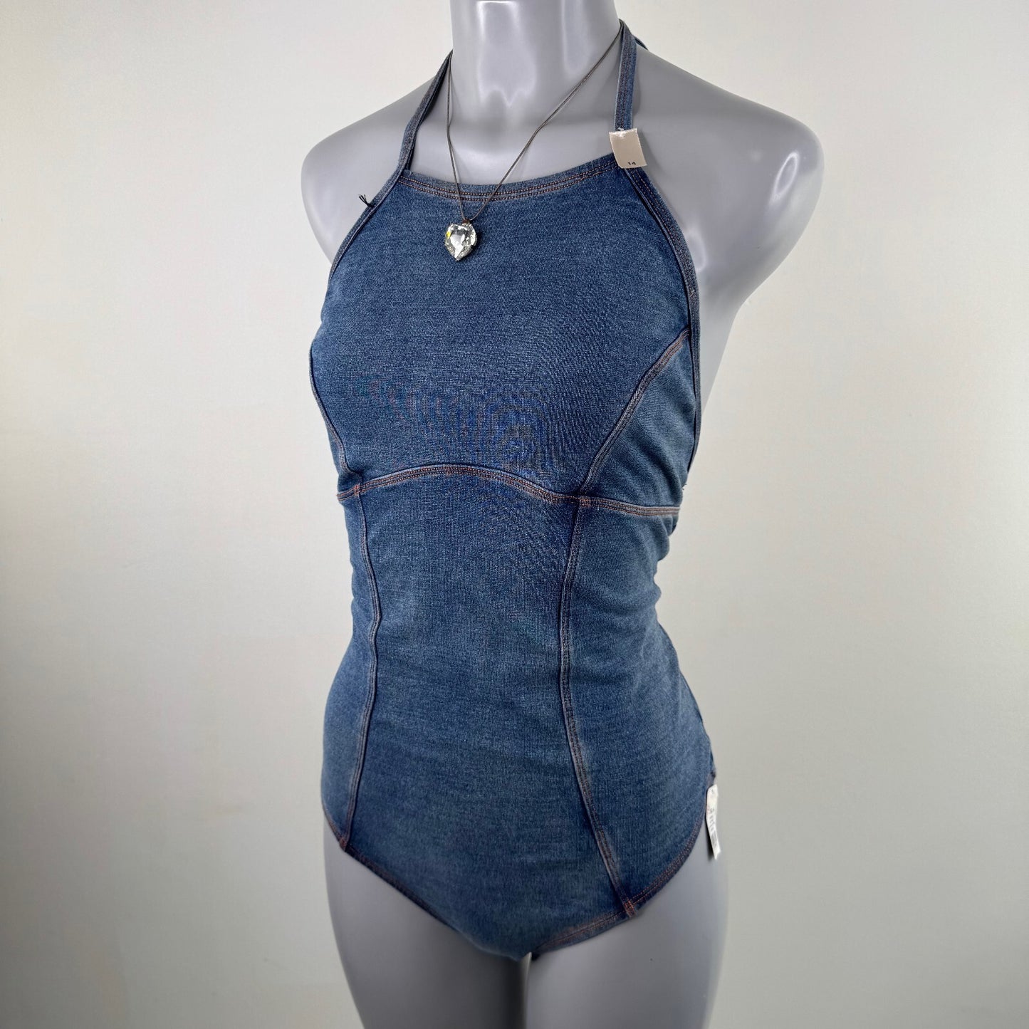 Y2K vintage denim style swimsuit halter neck bow low back blue one piece swim